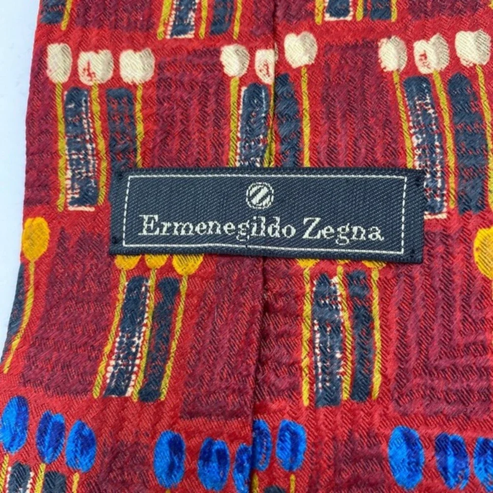 Ermenegildo Zegna 100% Silk Tie‎ Mens Necktie Red Blue Geometric Abstract Italy